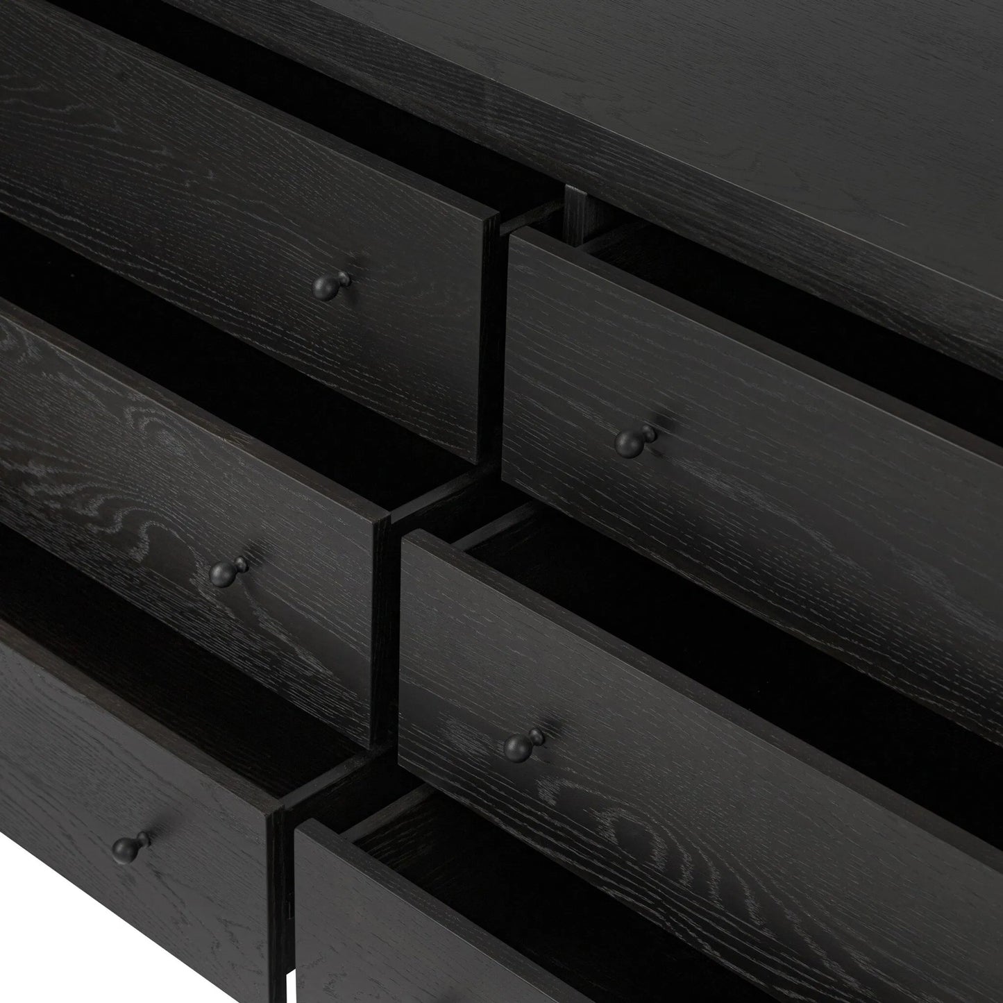 010 SI-2519278 | Closeup | Roark 6 Drawer Dresser by Four Hands in ebony oak veneer. Made from oak veneer, solid oak in a traditional style.