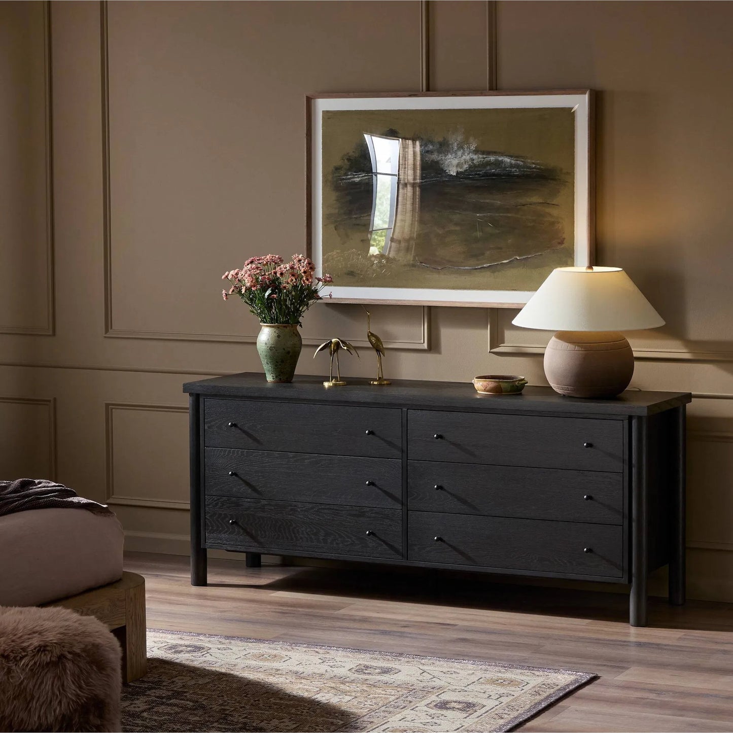 012 SI-2519278 | Lifestyle | Roark 6 Drawer Dresser by Four Hands in ebony oak veneer. Made from oak veneer, solid oak in a traditional style.