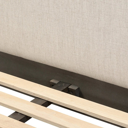 Glenview Bed by Four Hands in essence natural, smoked black oak. Made from 49% viscose (rayon), 22% flax/linen, 18% polyester, 11% cotton, solid oak in a transitional style.