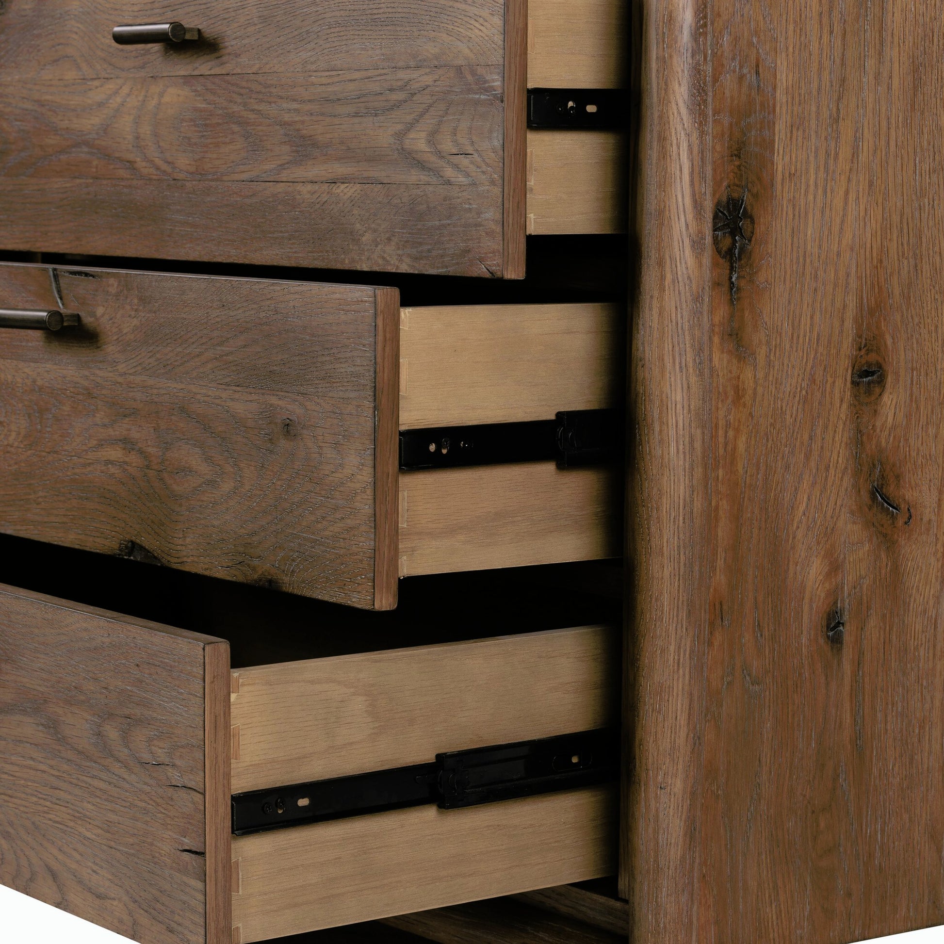 Glenview 6 Drawer Dresser by Four Hands in weathered oak. Made from thick oak veneer, solid oak in a modern style.