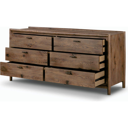 Glenview 6 Drawer Dresser by Four Hands in weathered oak. Made from thick oak veneer, solid oak in a modern style.