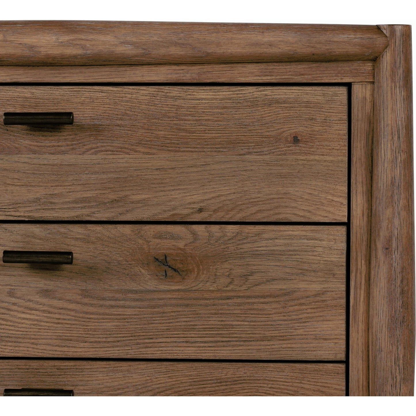 018 SI-2001381 | Closeup | Glenview Nightstand by Four Hands in weathered oak veneer. Made from thick oak veneer, solid oak in a modern style.