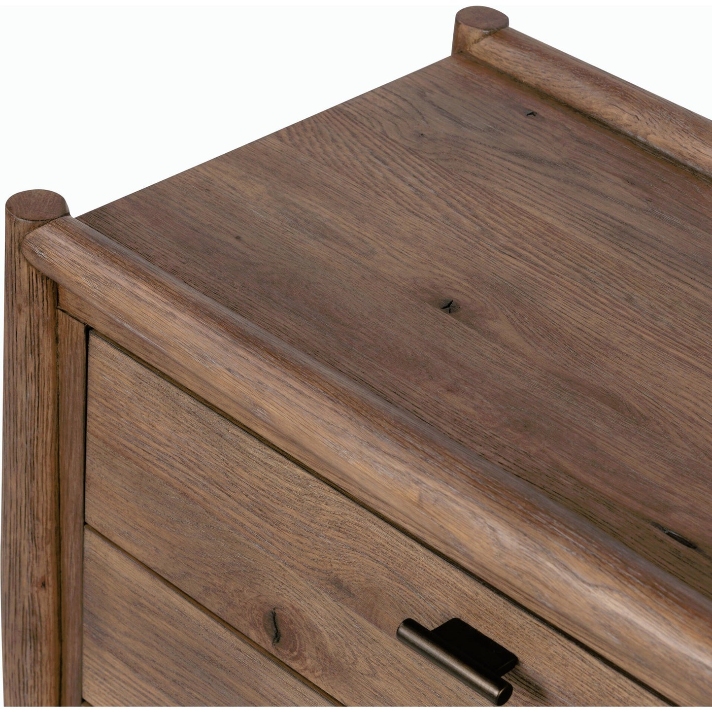 021 SI-2001381 | Closeup | Glenview Nightstand by Four Hands in weathered oak veneer. Made from thick oak veneer, solid oak in a modern style.