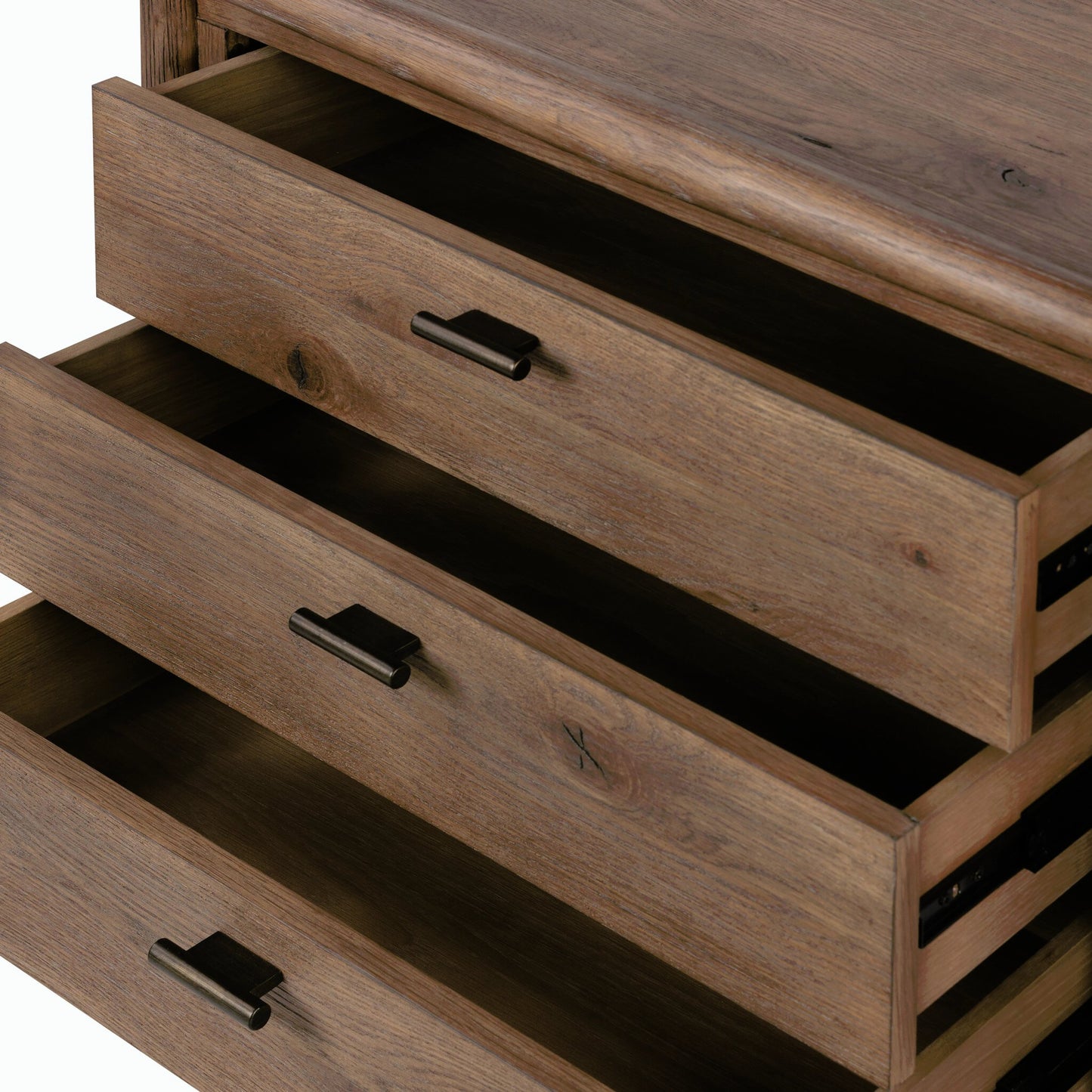 023 SI-2001381 | Closeup | Glenview Nightstand by Four Hands in weathered oak veneer. Made from thick oak veneer, solid oak in a modern style.