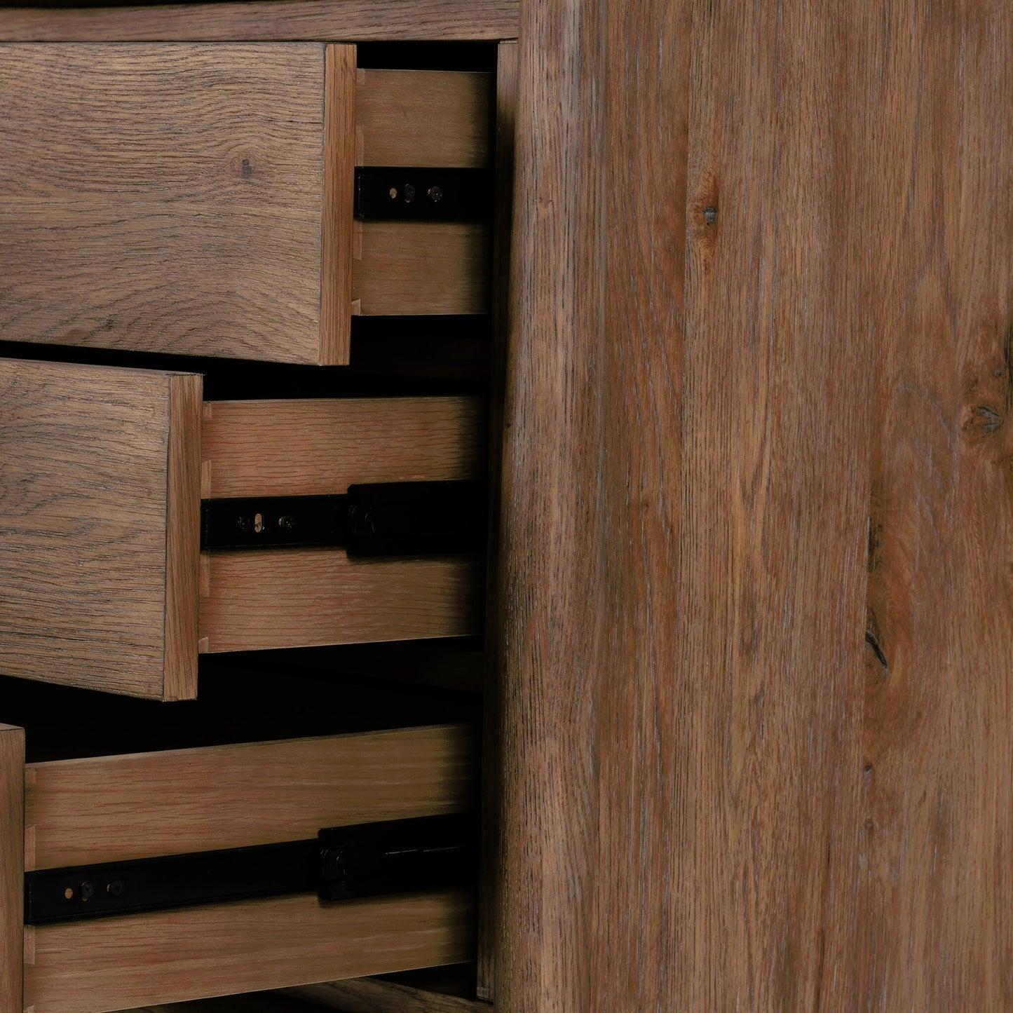 024 SI-2001381 | Closeup | Glenview Nightstand by Four Hands in weathered oak veneer. Made from thick oak veneer, solid oak in a modern style.
