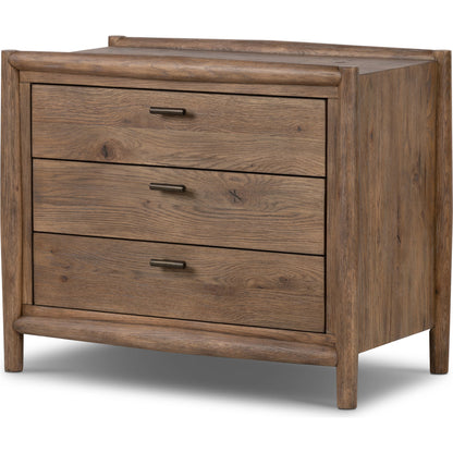 Glenview Nightstand by Four Hands in weathered oak. Made from thick oak veneer, solid oak in a modern style.