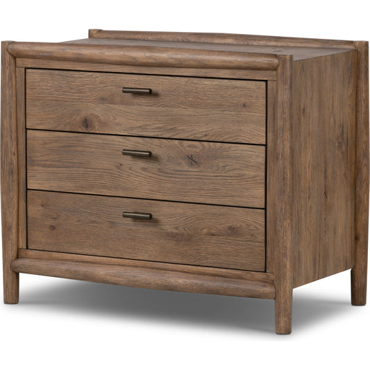 Glenview Nightstand by Four Hands in weathered oak. Made from thick oak veneer, solid oak in a modern style.