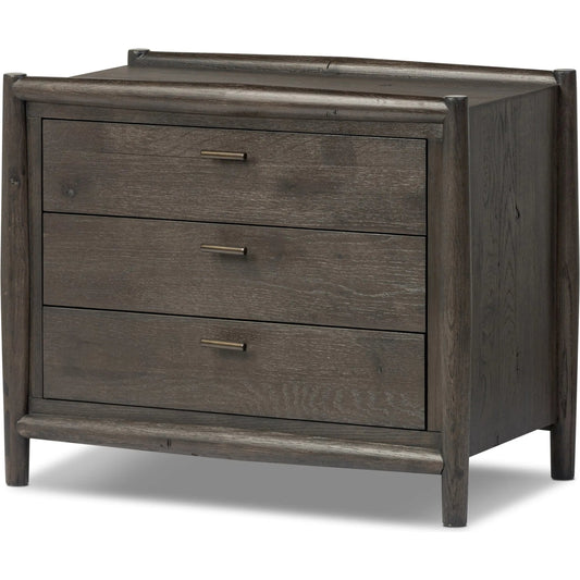 Glenview Nightstand by Four Hands in smoked black resawn oak, smoked black oak. Made from resawn oak veneer, solid oak in a traditional style.