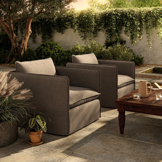Andre Outdoor Swivel Chair by Four Hands in alessi fawn. Made from 100% polypropylene, 100% polyester fiber in a modern style.