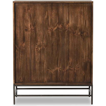 Trey Bar Cabinet by Four Hands in black wash poplar, toffee leather. Made from solid poplar, top grain leather in a modern style.