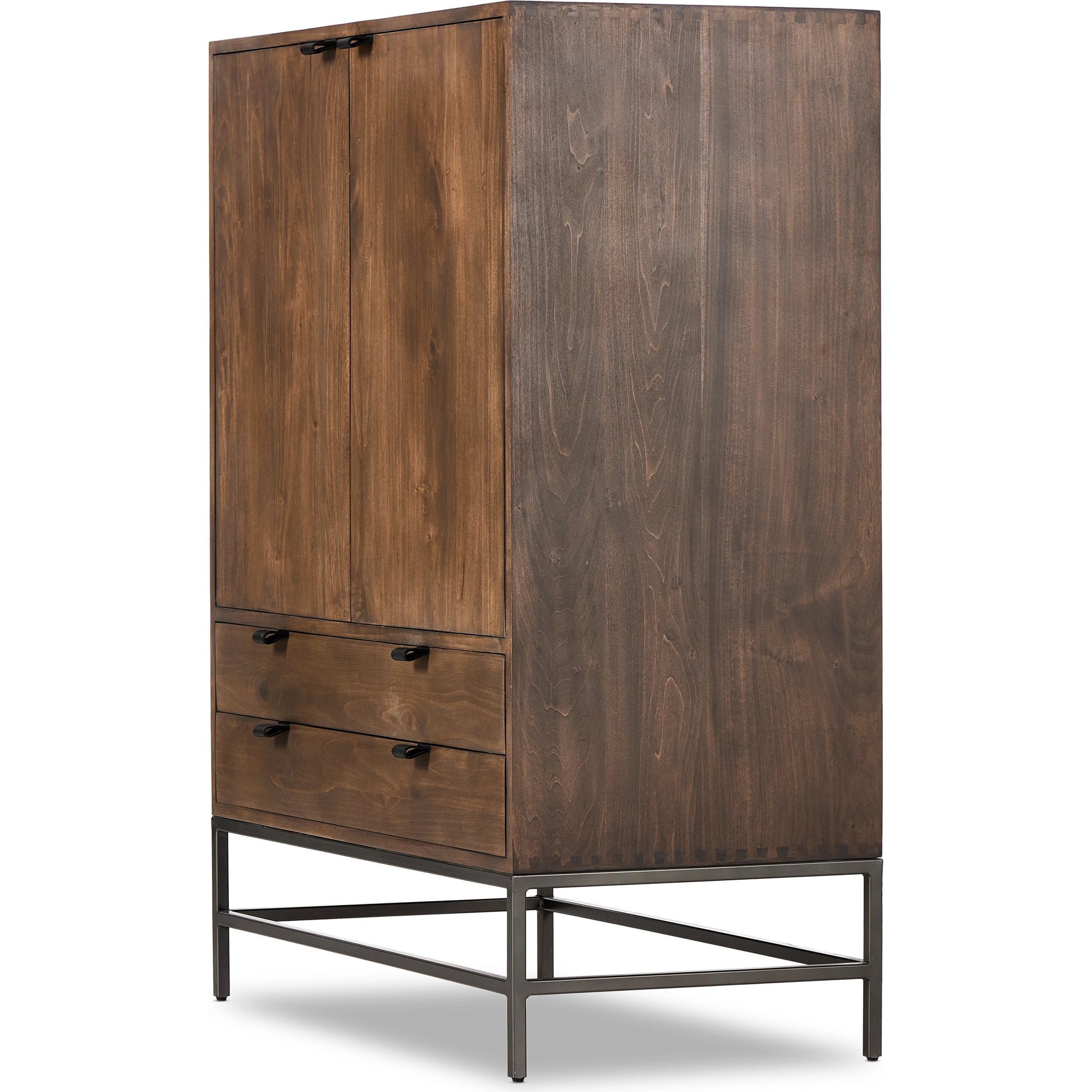 Trey Bar Cabinet by Four Hands in black wash poplar, toffee leather. Made from solid poplar, top grain leather in a modern style.