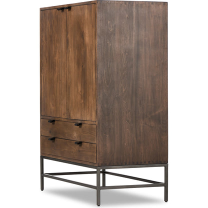 Trey Bar Cabinet by Four Hands in black wash poplar, toffee leather. Made from solid poplar, top grain leather in a modern style.