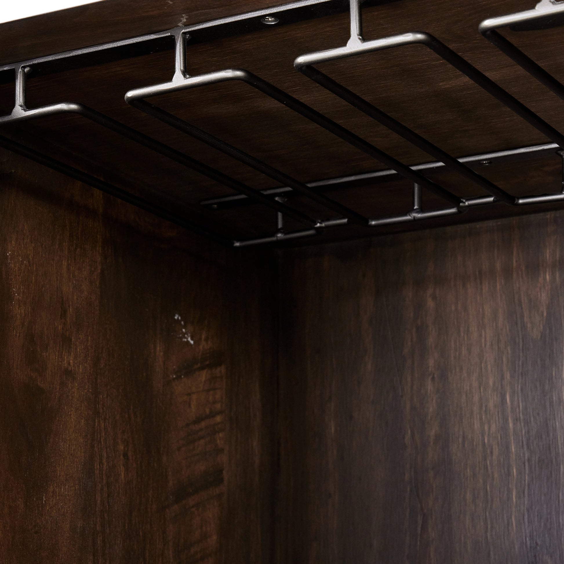 Trey Bar Cabinet by Four Hands in black wash poplar, toffee leather. Made from solid poplar, top grain leather in a modern style.