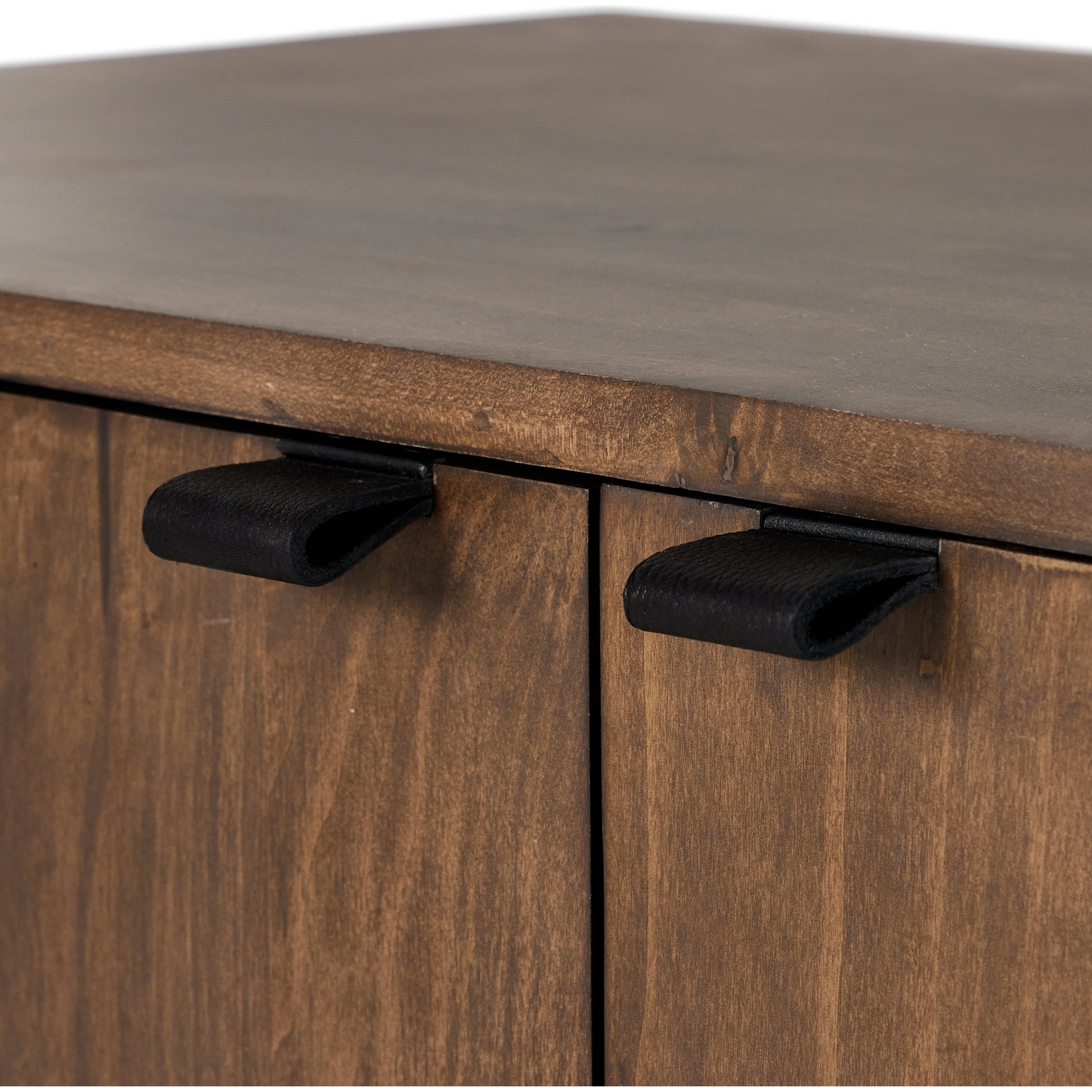 Trey Bar Cabinet by Four Hands in black wash poplar, toffee leather. Made from solid poplar, top grain leather in a modern style.