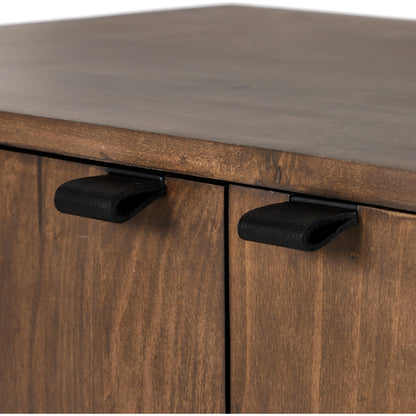 Trey Bar Cabinet by Four Hands in black wash poplar, toffee leather. Made from solid poplar, top grain leather in a modern style.