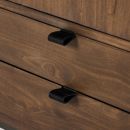 Trey Bar Cabinet by Four Hands in black wash poplar, toffee leather. Made from solid poplar, top grain leather in a modern style.