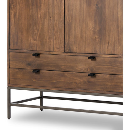 Trey Bar Cabinet by Four Hands in black wash poplar, toffee leather. Made from solid poplar, top grain leather in a modern style.