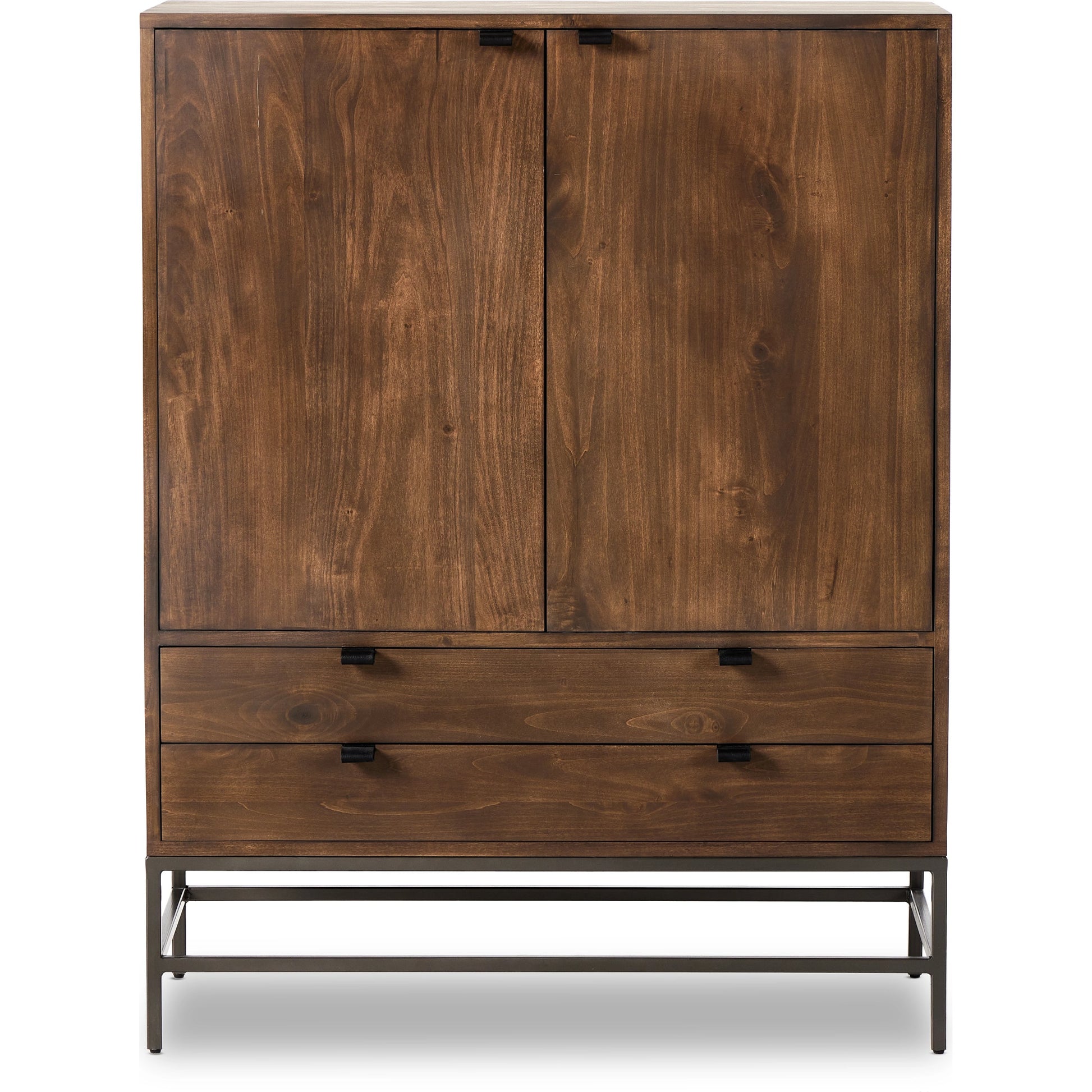 Trey Bar Cabinet by Four Hands in black wash poplar, toffee leather. Made from solid poplar, top grain leather in a modern style.