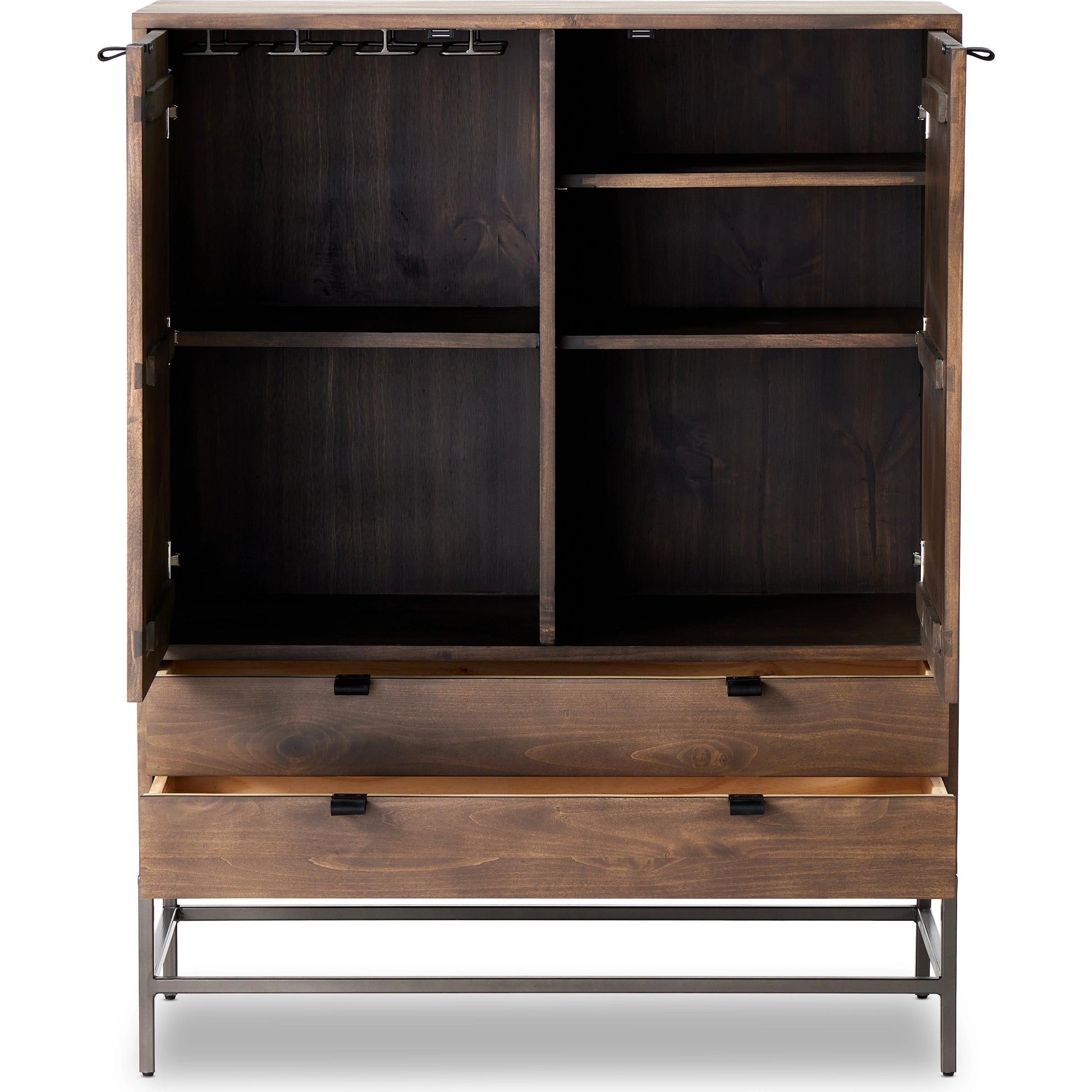 Trey Bar Cabinet by Four Hands in black wash poplar, toffee leather. Made from solid poplar, top grain leather in a modern style.