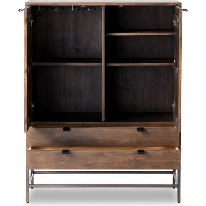 Trey Bar Cabinet by Four Hands in black wash poplar, toffee leather. Made from solid poplar, top grain leather in a modern style.