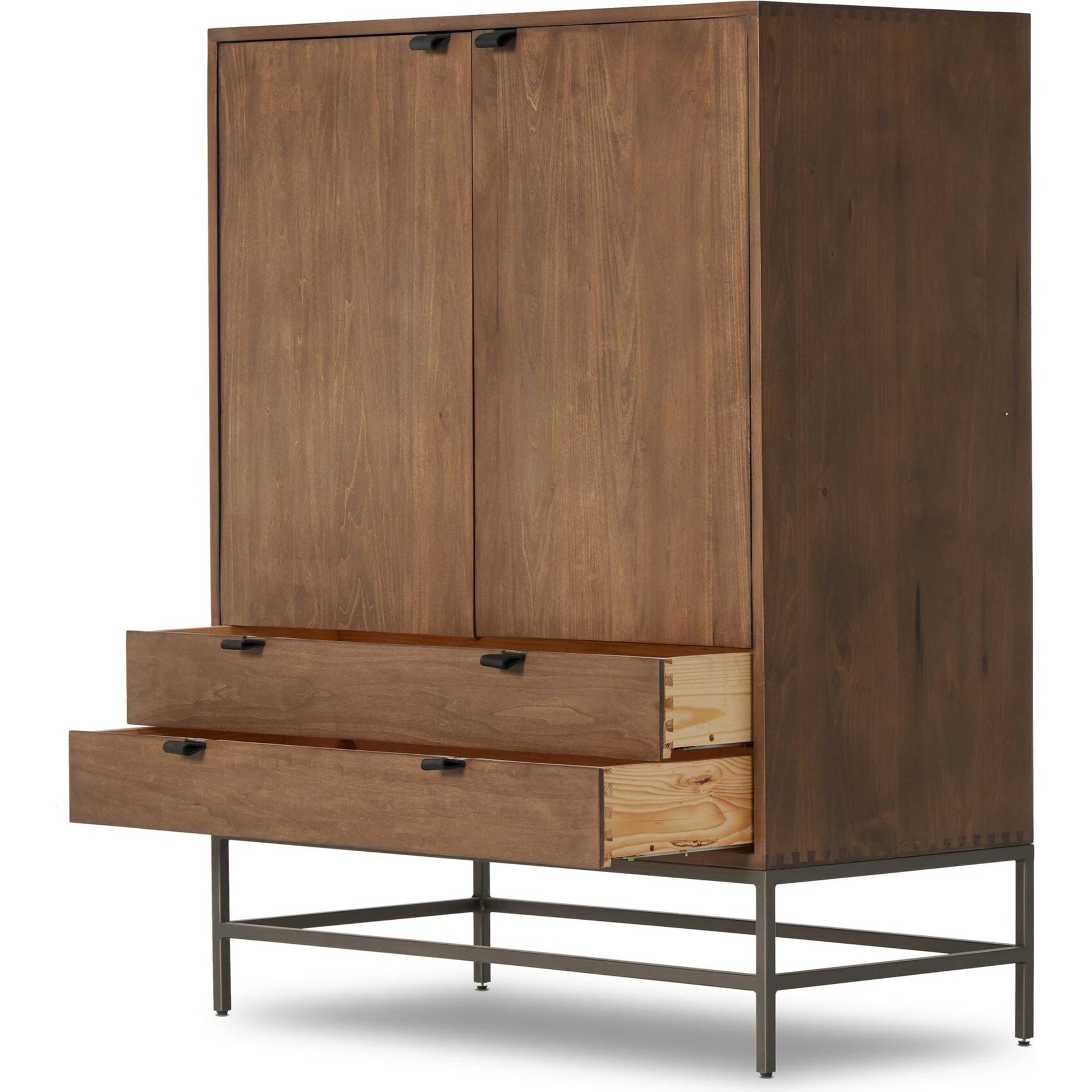 Trey Bar Cabinet by Four Hands in black wash poplar, toffee leather. Made from solid poplar, top grain leather in a modern style.