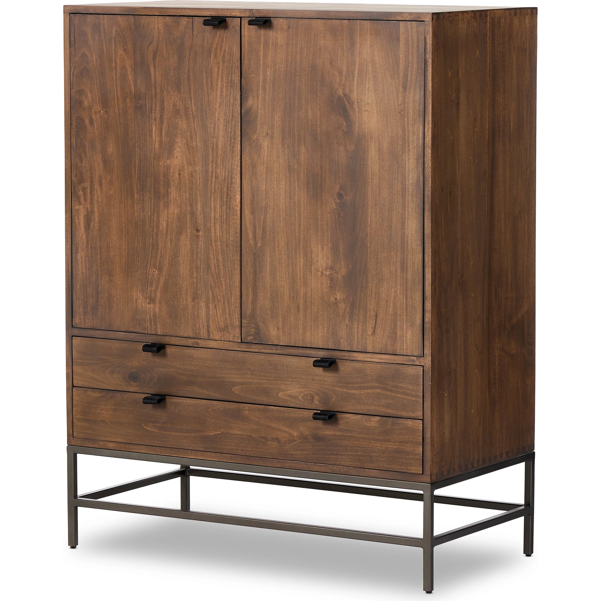 Trey Bar Cabinet by Four Hands in black wash poplar, toffee leather. Made from solid poplar, top grain leather in a modern style.