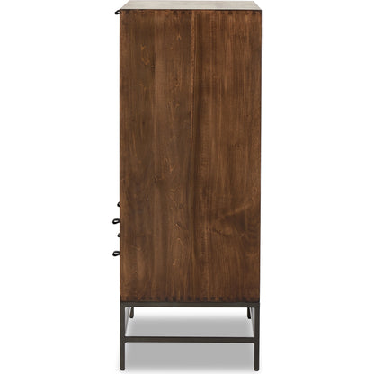 Trey Bar Cabinet by Four Hands in black wash poplar, toffee leather. Made from solid poplar, top grain leather in a modern style.