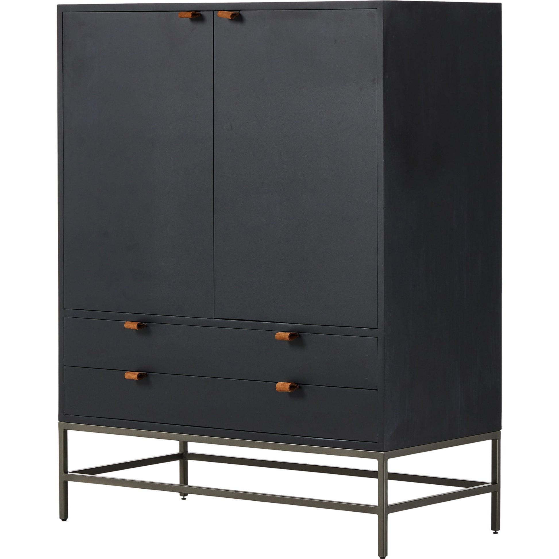 Trey Bar Cabinet by Four Hands in black wash poplar, toffee leather. Made from solid poplar, top grain leather in a modern style.
