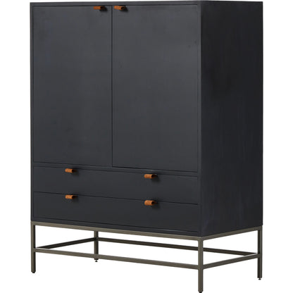 Trey Bar Cabinet by Four Hands in black wash poplar, toffee leather. Made from solid poplar, top grain leather in a modern style.