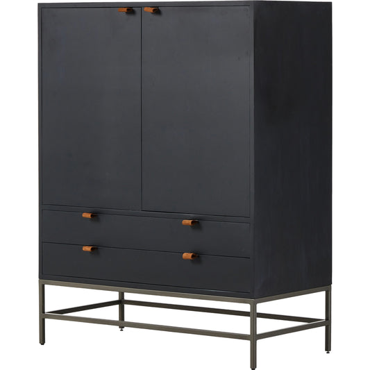 Trey Bar Cabinet by Four Hands in black wash poplar, toffee leather. Made from solid poplar, top grain leather in a modern style.