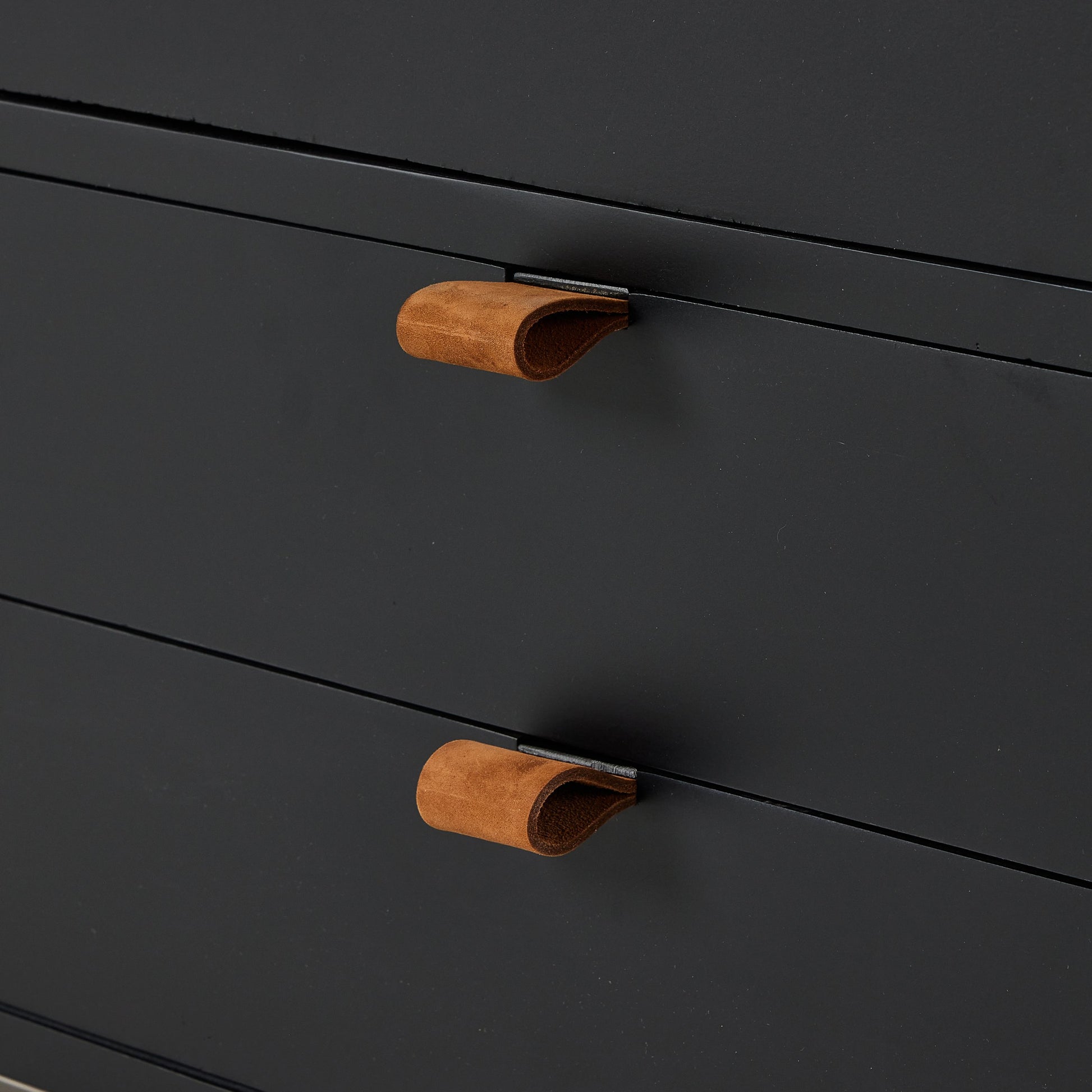 Trey Bar Cabinet by Four Hands in black wash poplar, toffee leather. Made from solid poplar, top grain leather in a modern style.