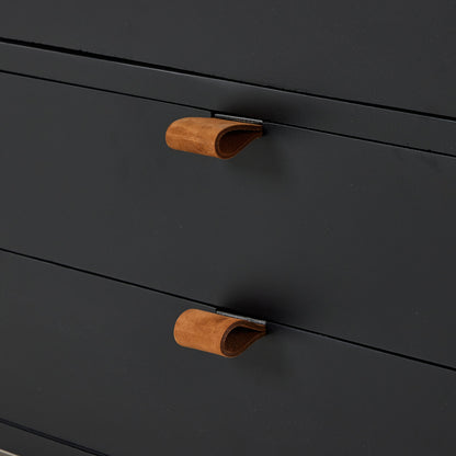 Trey Bar Cabinet by Four Hands in black wash poplar, toffee leather. Made from solid poplar, top grain leather in a modern style.