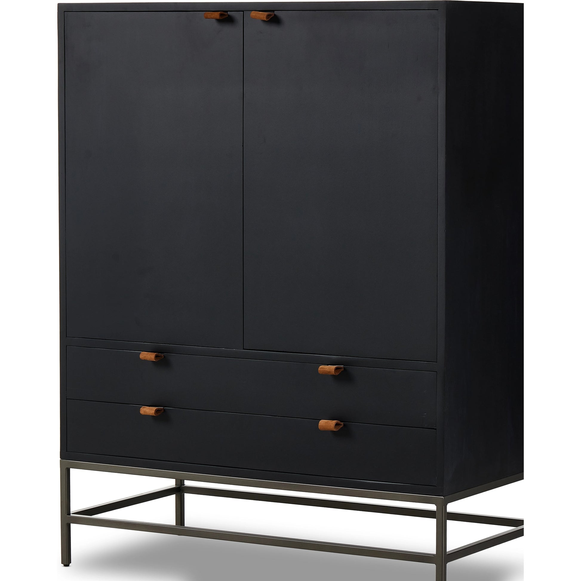 Trey Bar Cabinet by Four Hands in black wash poplar, toffee leather. Made from solid poplar, top grain leather in a modern style.