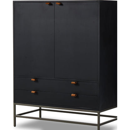Trey Bar Cabinet by Four Hands in black wash poplar, toffee leather. Made from solid poplar, top grain leather in a modern style.