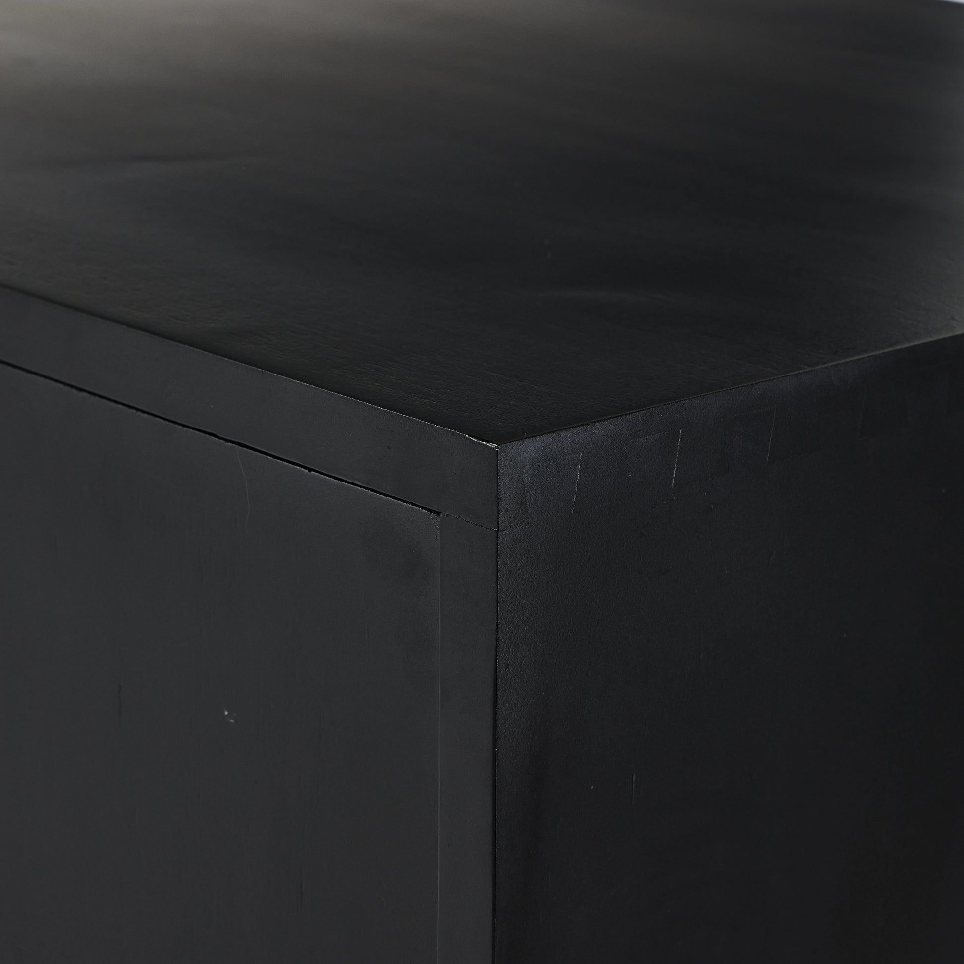 Trey Bar Cabinet by Four Hands in black wash poplar, toffee leather. Made from solid poplar, top grain leather in a modern style.