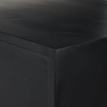 Trey Bar Cabinet by Four Hands in black wash poplar, toffee leather. Made from solid poplar, top grain leather in a modern style.