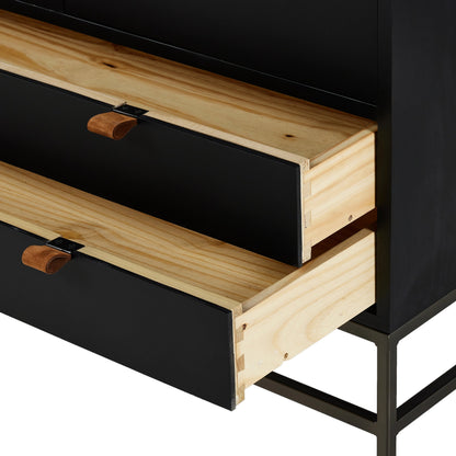 Trey Bar Cabinet by Four Hands in black wash poplar, toffee leather. Made from solid poplar, top grain leather in a modern style.