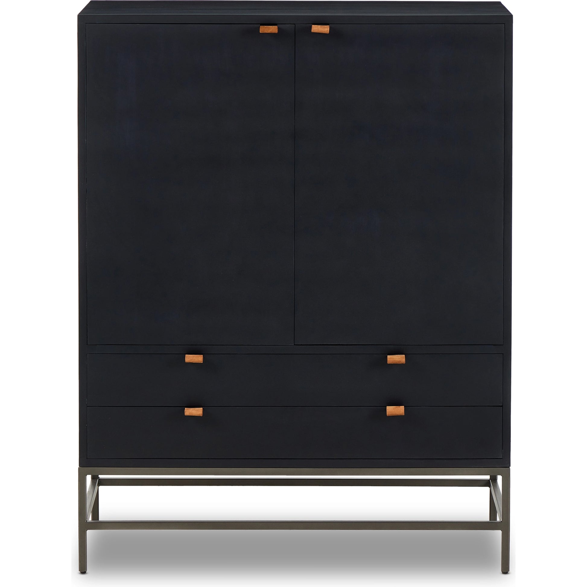 Trey Bar Cabinet by Four Hands in black wash poplar, toffee leather. Made from solid poplar, top grain leather in a modern style.