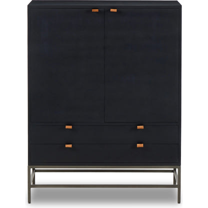 Trey Bar Cabinet by Four Hands in black wash poplar, toffee leather. Made from solid poplar, top grain leather in a modern style.