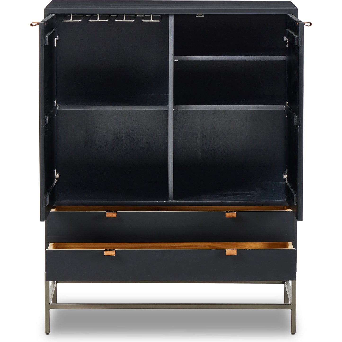 003 SI-2074815 | Additional Silo | Trey Bar Cabinet by Four Hands in black wash poplar, toffee leather. Made from solid poplar, top grain leather in a modern style.