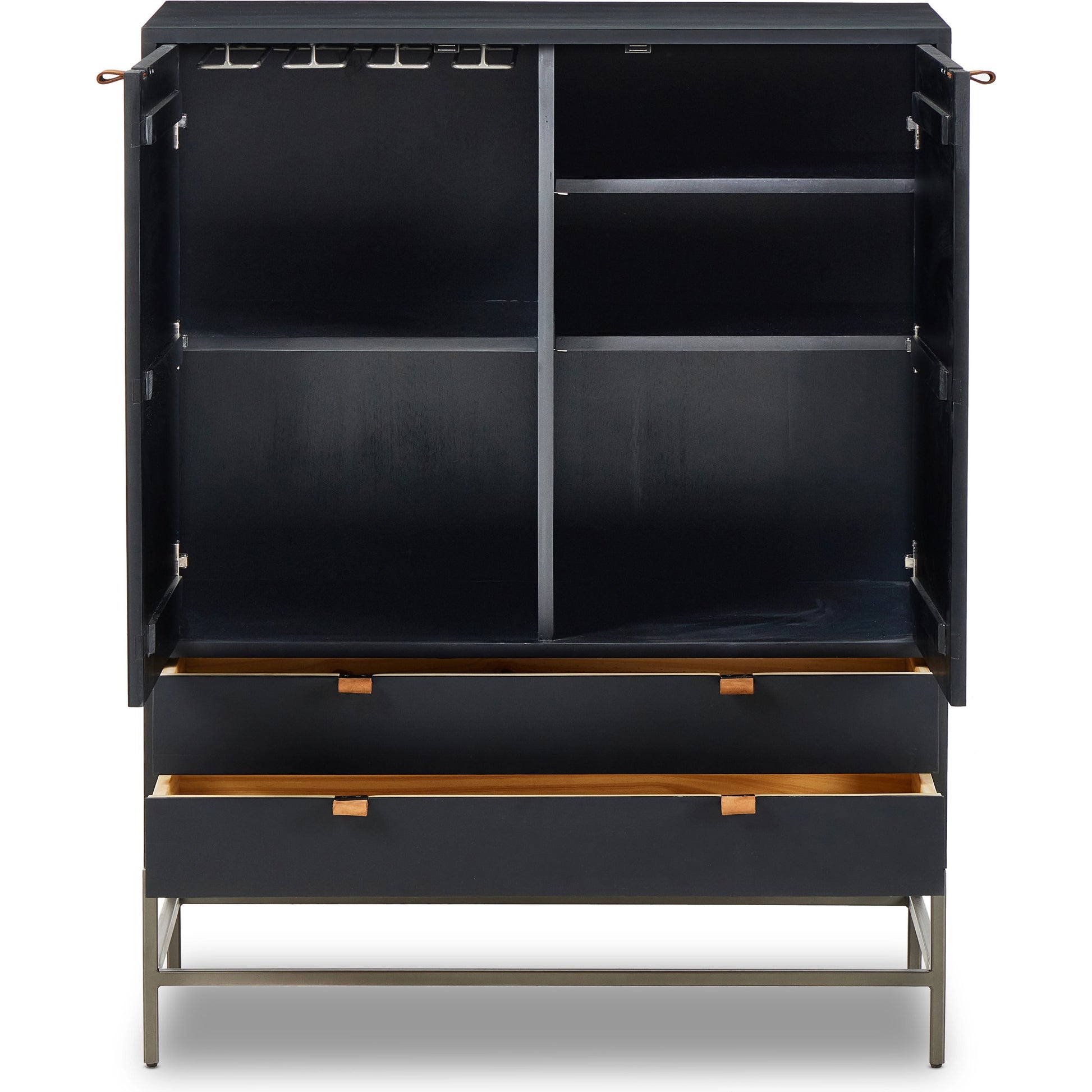 Trey Bar Cabinet by Four Hands in black wash poplar, toffee leather. Made from solid poplar, top grain leather in a modern style.