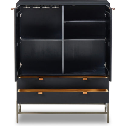 Trey Bar Cabinet by Four Hands in black wash poplar, toffee leather. Made from solid poplar, top grain leather in a modern style.