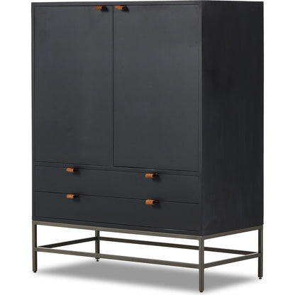 Trey Bar Cabinet by Four Hands in black wash poplar, toffee leather. Made from solid poplar, top grain leather in a modern style.