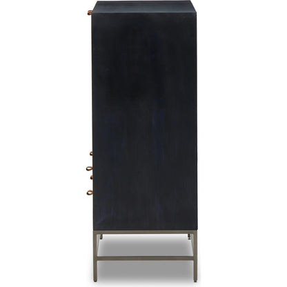 Trey Bar Cabinet by Four Hands in black wash poplar, toffee leather. Made from solid poplar, top grain leather in a modern style.