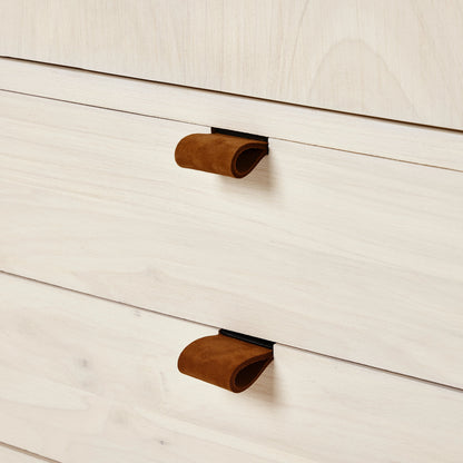 Trey Bar Cabinet by Four Hands in black wash poplar, toffee leather. Made from solid poplar, top grain leather in a modern style.
