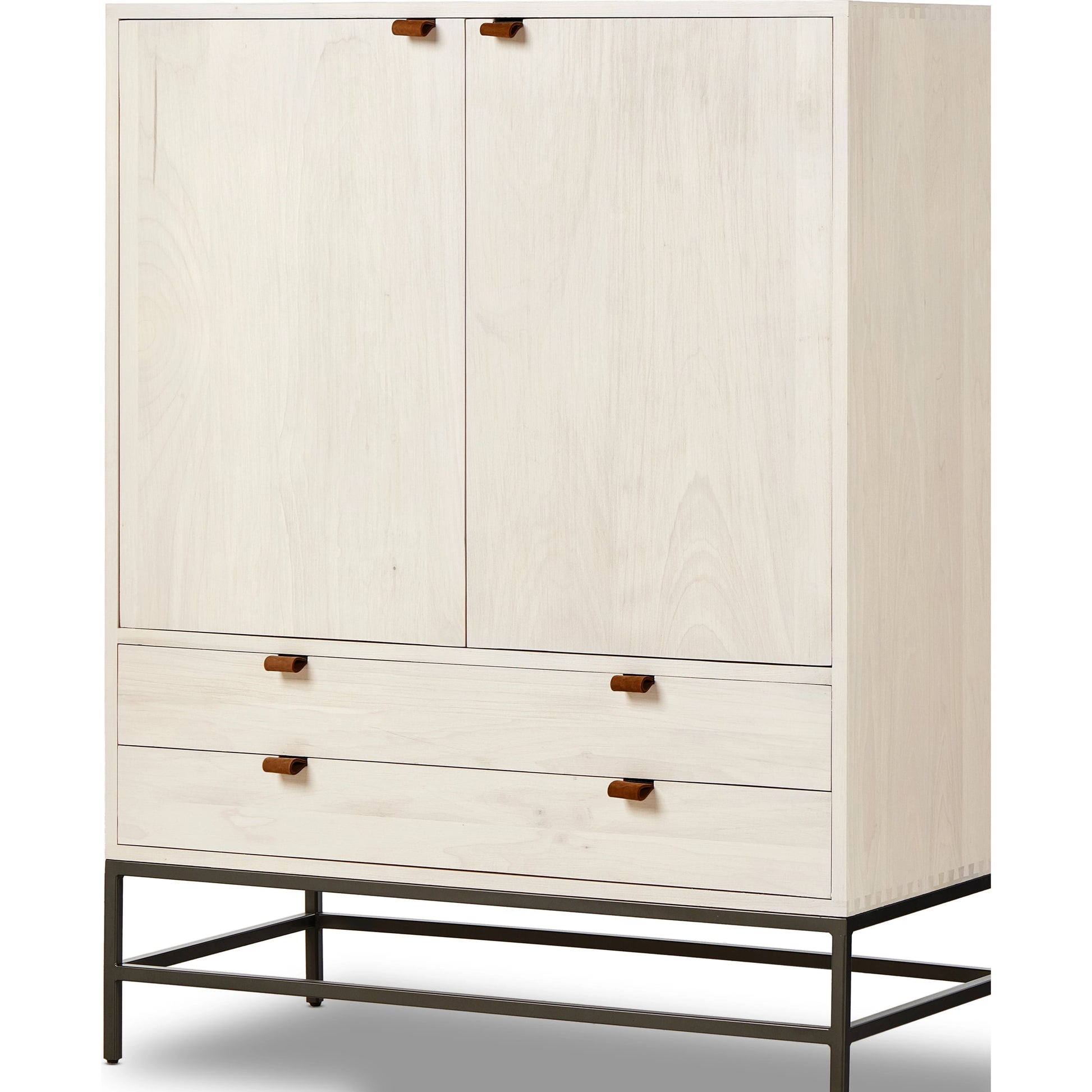 Trey Bar Cabinet by Four Hands in black wash poplar, toffee leather. Made from solid poplar, top grain leather in a modern style.