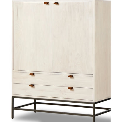 Trey Bar Cabinet by Four Hands in black wash poplar, toffee leather. Made from solid poplar, top grain leather in a modern style.