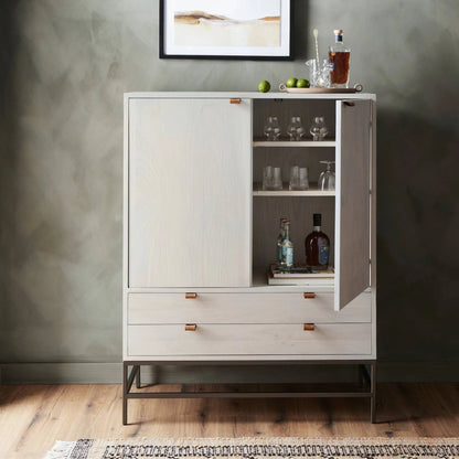 Trey Bar Cabinet by Four Hands in black wash poplar, toffee leather. Made from solid poplar, top grain leather in a modern style.