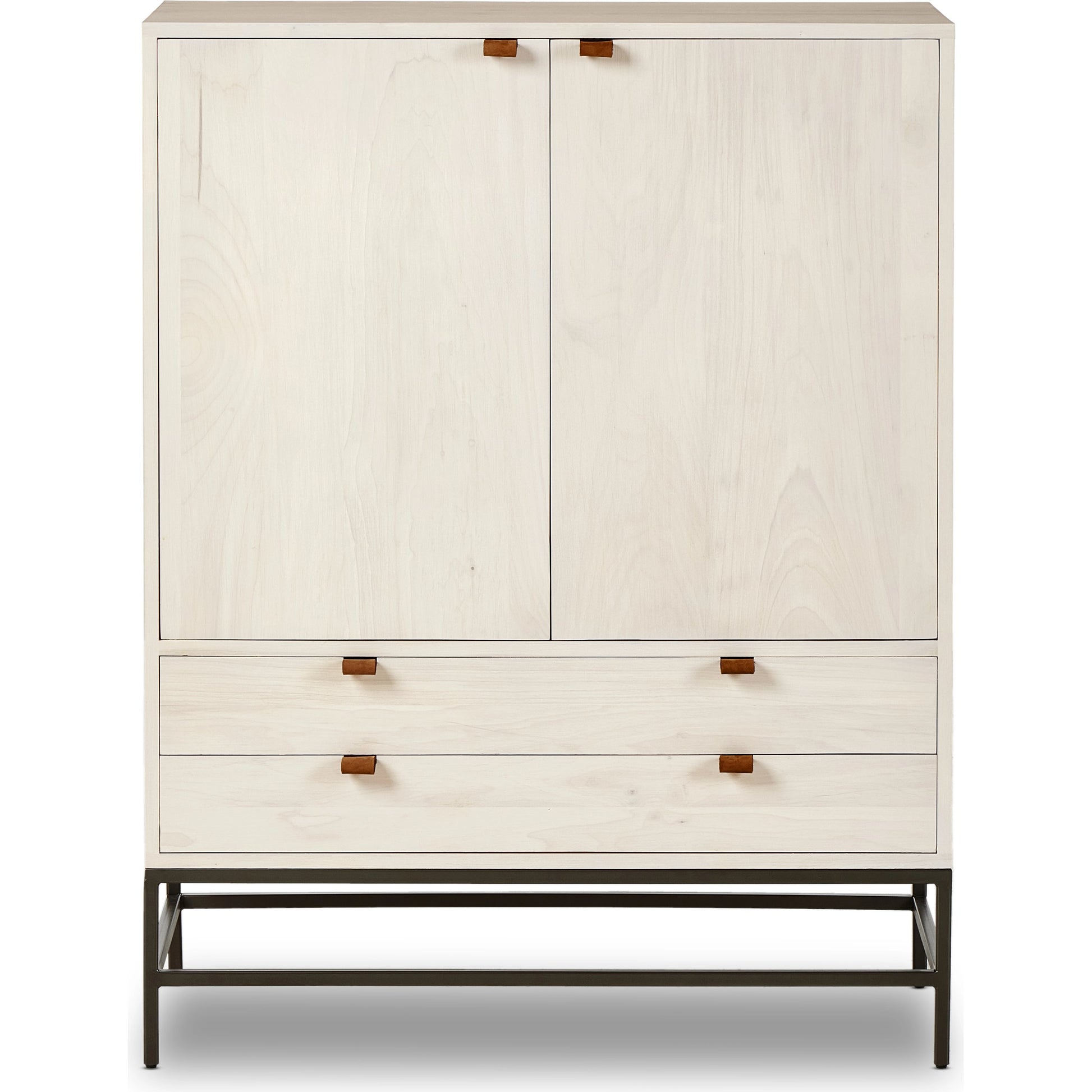 Trey Bar Cabinet by Four Hands in black wash poplar, toffee leather. Made from solid poplar, top grain leather in a modern style.
