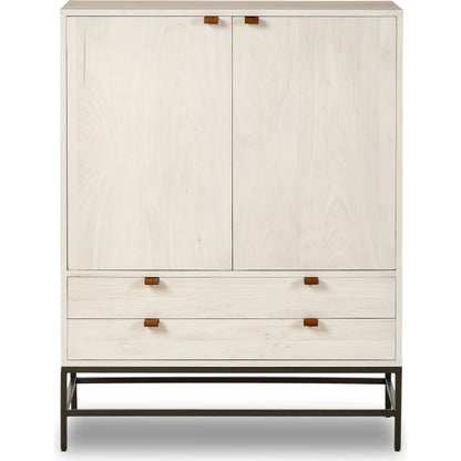 Trey Bar Cabinet by Four Hands in black wash poplar, toffee leather. Made from solid poplar, top grain leather in a modern style.